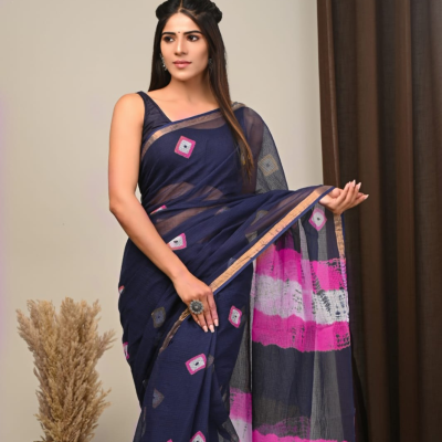 Printed Kota Doriya Sarees with Blouse_Blue with Pink Tie n Dye with Gold Zari