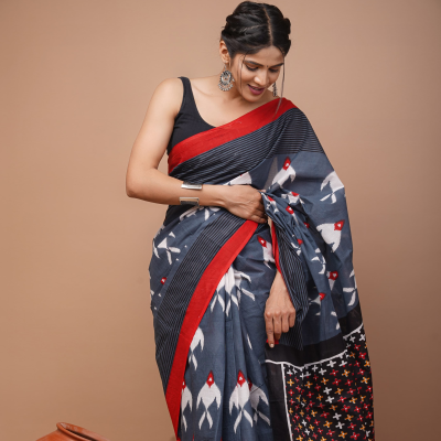 Mul Mul Soft Cotton Saree_Dark Grey with Red & White Printed