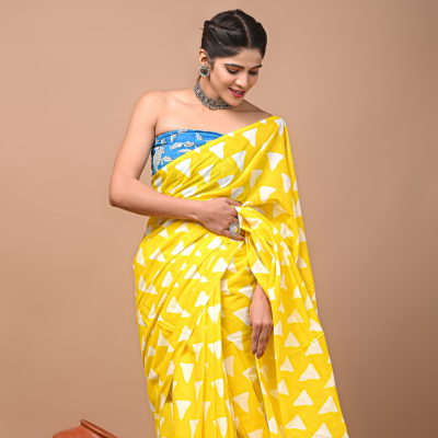Mul Mul Soft Cotton Saree_Yellow with white