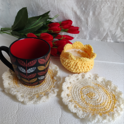 Handmade Crochet 02 White and Yellow Teacoasters with Crochet Pot