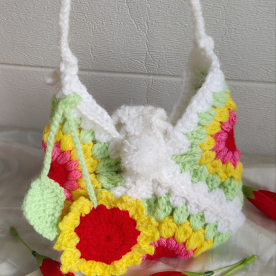 Handmade Granny Square Crochet Floral Multi Colour Wool Handbag