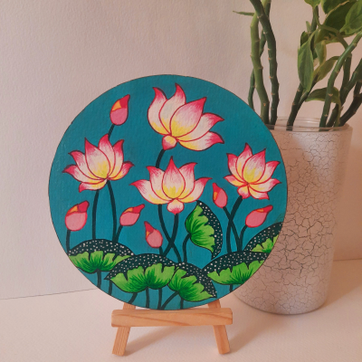 Pichwai painting on 6" round mdf board- blue