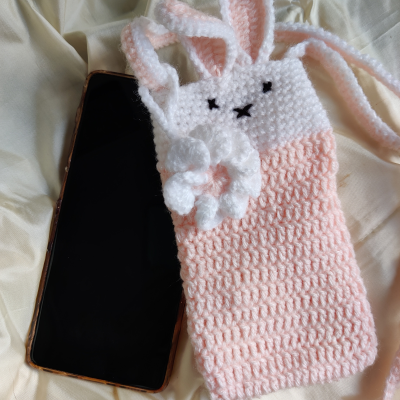 Bunny Crochet Peach and White Sling Mobile Phone Bag with crochet flower charm