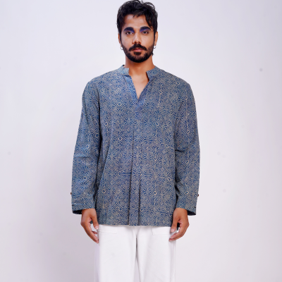 Hand block printed Ajrakh Clear Sky Forever Kurta 1