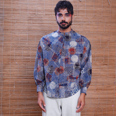 Cotton Handprinted Ajrakh Indigo Jaapani Kimono Shirt 1