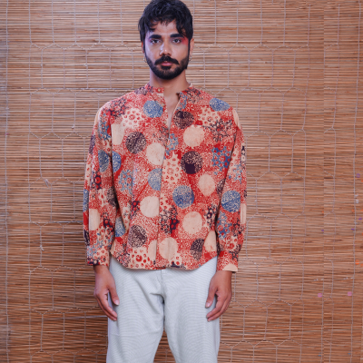Cotton Handprinted Ajrakh Alizarine Jaapani Kimono Shirt 2