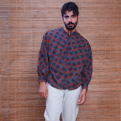 Cotton Handprinted Ajrakh Sunset Jaapani Kimono Shirt 1