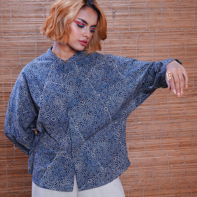 Cotton Handprinted Ajrakh Silverlining Jaapani Kimono Shirt 2