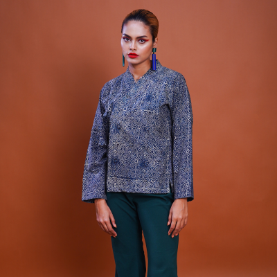 Hand block printed Ajrakh Silver Lining Mughal Shirt 2