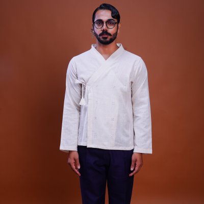 Kala Cotton Tangaliya Dots Mughal Shirt White 1