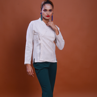 Kala Cotton Tangaliya Dots Mughal Shirt White 2