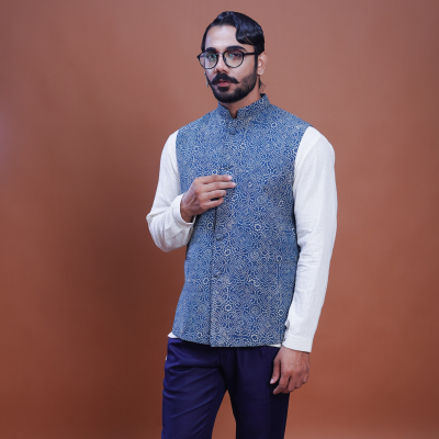 Hand block printed Ajrakh Clear Sky Nehru Jacket
