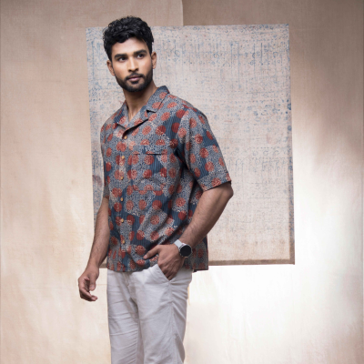 Cotton Handprinted Ajrakh Allover Camp Collar Shirt 1