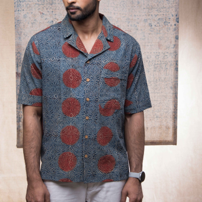 Hand Block Printed Ajrakh Sky Stopper Shirt 1