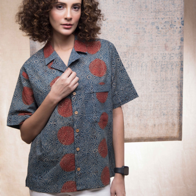 Hand Block Printed Ajrakh Sky Stopper Shirt 2