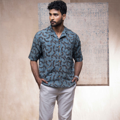 Cotton Handprinted Ajrakh Brushstroked Camp Collar Shirt 1