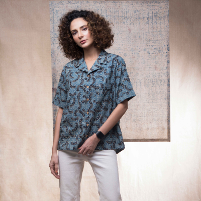 Cotton Handprinted Ajrakh Brushstroked Camp Collar Shirt 2