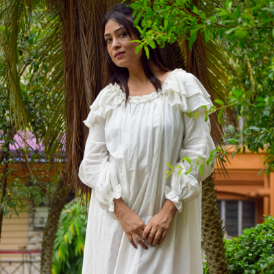 AEOLIAN FANTASY-Muslin Cotton Designer Maxi Dress with Long Ruffled Sleeves