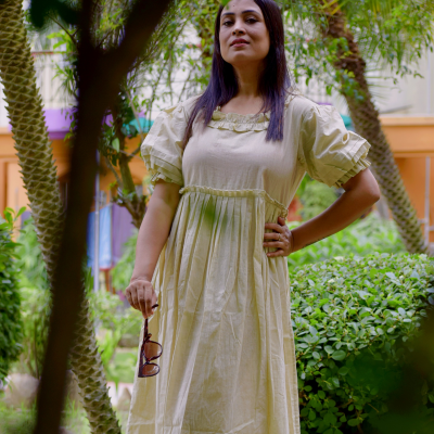 DAMSEL’S JOY II – Puff Sleeved,Front Button Ruffle Designer Flared Cotton Dress