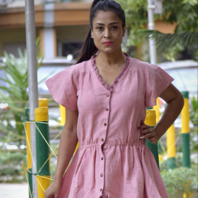 DISTANT SHORES –Linen Cotton , Flutter Sleeved Asymmetrical Midi Swing Dress