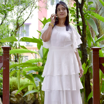 ETESIANS MELTEMI -Muslin Cotton A Line Midi Dress with Ruffled draped Sleeves.