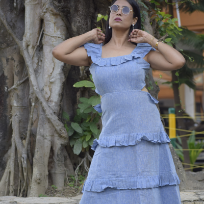 MADRID SUN — Frilled Sleeves High Waist,Multi Tiered Midi A Line Swing Dress.