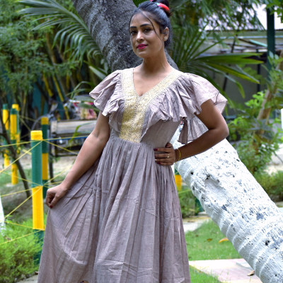 SANTORINI –Ruffled Blouson Midi Dress , V Neck & Short Flared Sleeves with Lace