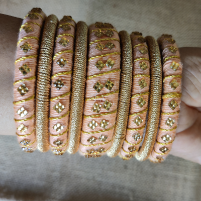 Peach and Golden Thread Handcrafted 09 pc Bangles Set  for girls and women.