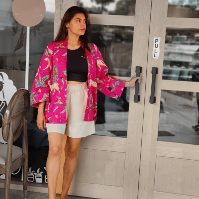 Free Size Gulabi Jungle Kimono-Shrug
