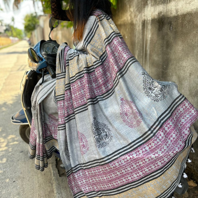 Grey Hand Block Printed Sustainable Cotton Saree