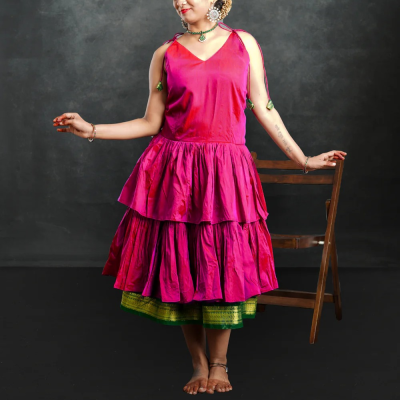 Little Miss Sunshine - Frock-Dress in Pink with green zari Ages 1-6