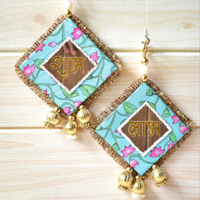 Elegant Teal Green and Pink Shubh Labh Wall Decor & Door Hanging Set