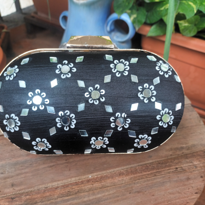 Black bead and mirror embroidered clutch