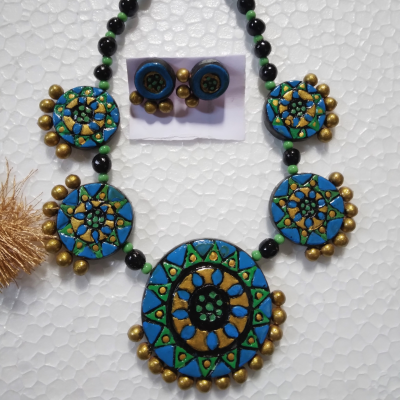 Hand made Blue 5 star Terracotta Jewellery necklace set