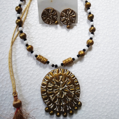 Hand made Terracotta golden white jewellery Necklace set.