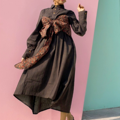 AKROTIRI - Lantern Sleeves Collared A Line Dress with a Big Stylish Bow1