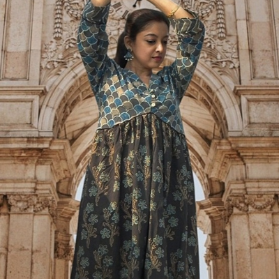 JAKAR - Ajrakh-printed Cotton Maxi Dress with Three Quarter Sleeves and V Neck