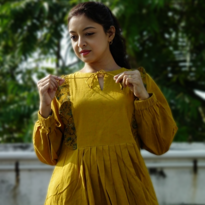 MYKONOS -Lantern Sleeves Yellow Ajrakh Print Dress with round Stringed Neck