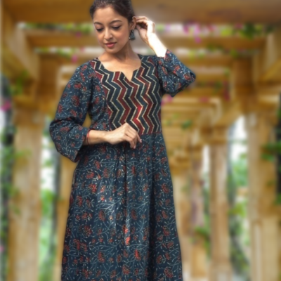NAZRET -Smart fit, Ajrakh print cotton Flared Kurta palazzo set.