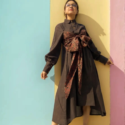 AKROTIRI - Lantern Sleeves Collared A Line Dress with a Big Stylish Bow2