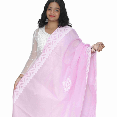 Applique Cut Work Hand Made Organdi Dupatta (Pink)