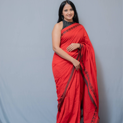 Aanchal - 1 minute Ready-to-wear saree in Red heart Khadi fabric