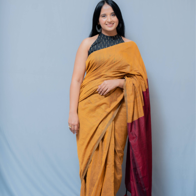 Aanchal - 1 minute Ready-to-wear saree in mustard with red in Khadi