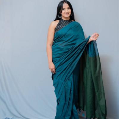 Aanchal - 1 minute Ready-to-wear saree in Teal with green in Khadi fabric
