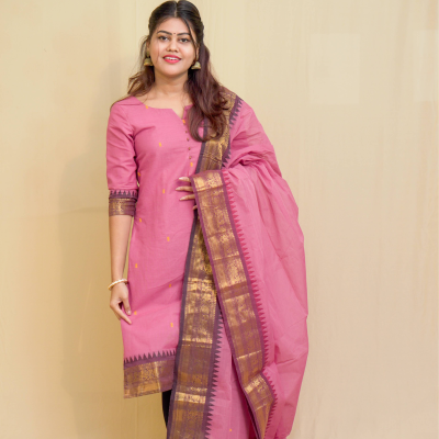 Geet - Kurti with dupatta in pure kanchi cotton in Onion pink color