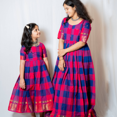 Kattam - Anarkali dress in chettinad cotton in Pink and blue checks
