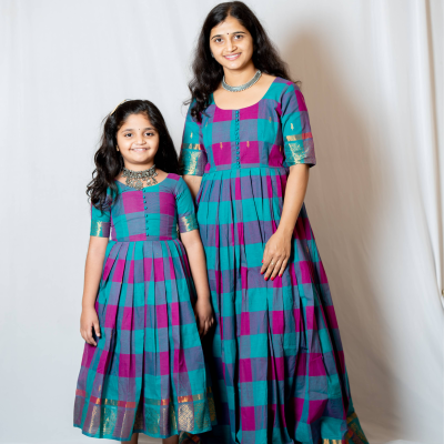 Kattam - Anarkali dress in chettinad cotton in Teal and Pink checks