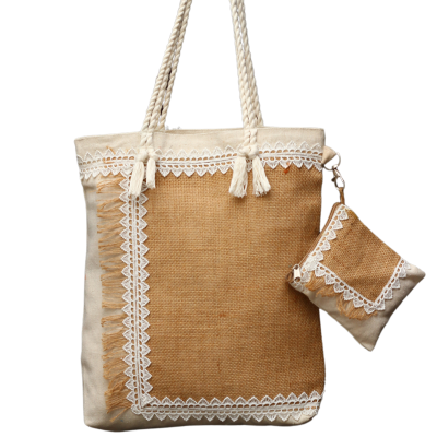 Handmade Jute Bag With White Lace