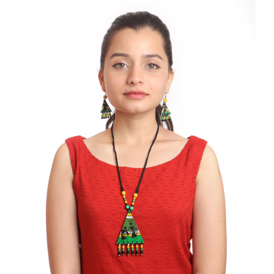 Handmade Handpainted Warli MDF Jewellery (GREEN/BLACK)