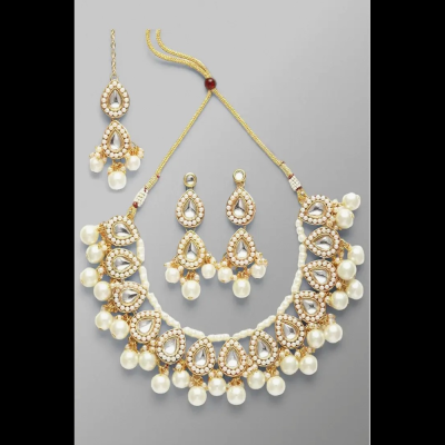 Elegant Gold Plated Pearl & Drop Kundan Studded Choker Necklace Set